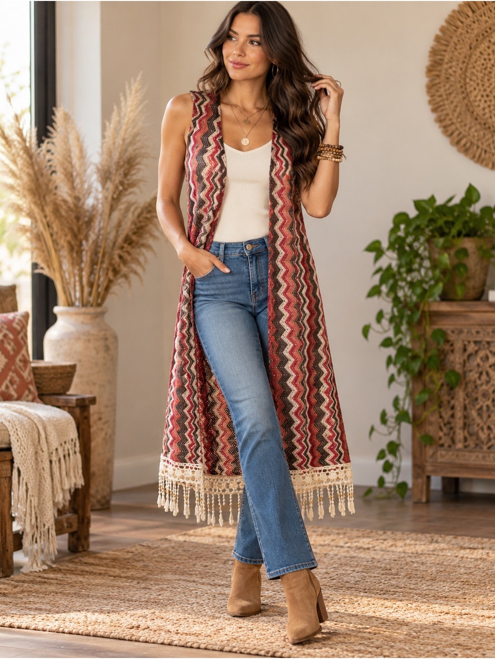 Boho Crochet Chevron Longline Vest Size Small Fringe Open Front